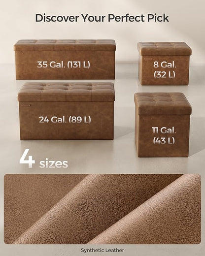 SONGMICS Mazie Collection - 43 Inches Folding Storage Ottoman Bench, Ottoman with Storage, Foot Rest Stool, Load 660 lb, Living Room, Bedroom, Entryway, Synthetic Leather, Coffee Brown ULSF070K01