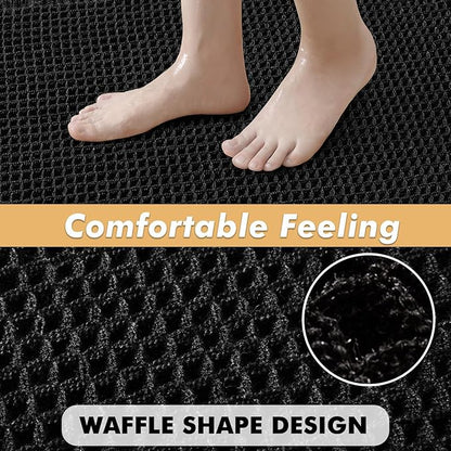 MIULEE Set of 2 Waffle Bathroom Rugs, Boho Bath Rugs Non Slip Washable, Super Absorbent Bath Mats, Ultra Soft Rubber Backed Shower Mats for Bathroom Floor, Tub, Black, 17"x24"+18"x30"