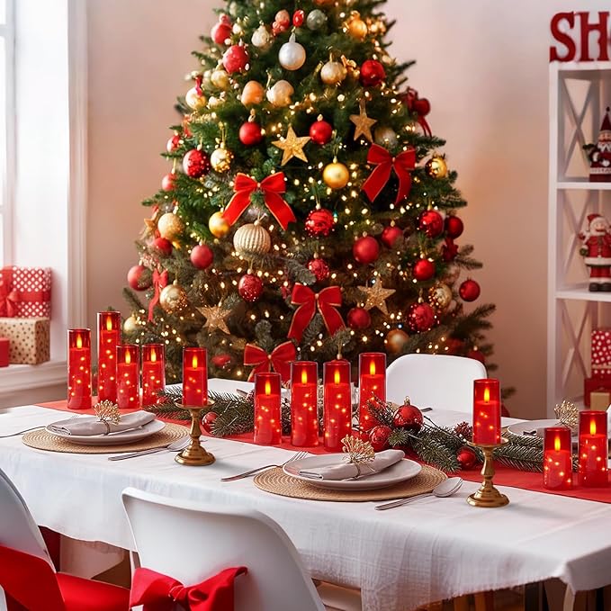 Raycare Flameless Candle with Remote Timer – 9 Flickering Acrylic Battery Operated LED Pillar Candles with Embedded Star String for Christmas, Home Decor, and as a Gift (Red)
