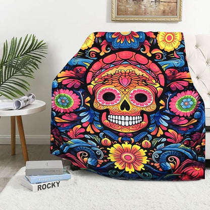 Firmiso Sugar Skull Gifts for Women and Men, Day of The Dead Blanket for Home Decor, Halloween Skull Lighweight Fleece for Bed Room and Living Room, 60x80 inches, No Pilling