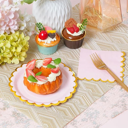 Pink & gold mix scalloped party plates with napkins and fork gold foil border, 24 Guest Pink disposable Tableware Set Party Decoration for Birthday Coquette Bridal Baby Shower Valentines