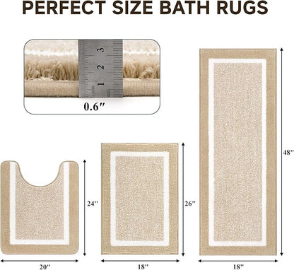 Pauwer 3 Pieces Bathroom Rugs Sets, Microfiber Shaggy Bath Mat Set, Ultra Soft Non-Slip Rug with U Shaped Toilet for Bathroom, Tub, Shower Washable Carpets Set,Beige