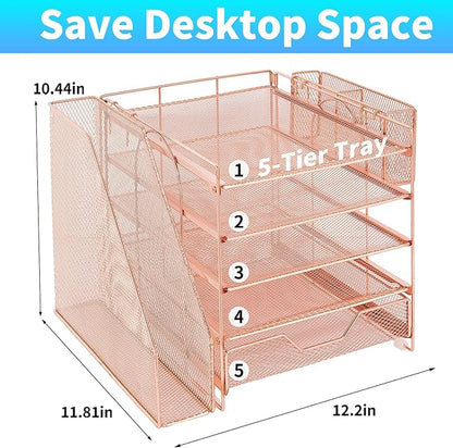 Desk Organizer, 5-Tier Paper Letter Tray Organizer with File Holder, Drawer and Pen Holder, Desktop Organizer for Office Supplies, Rose Gold