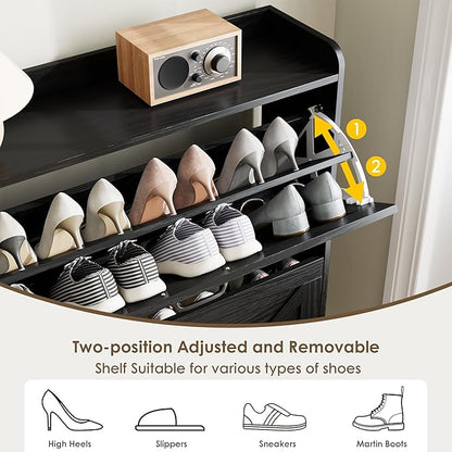 Nicetree Shoe Storage Cabinet with 2 Flip Drawers, Freestanding Shoe Organizer, Shoe Cabinet with Metal Legs, Narrow Shoe Rack Cabinet, Farmhouse Slim Shoe Cabinet for Entryway, Foyer, Hallway, Black