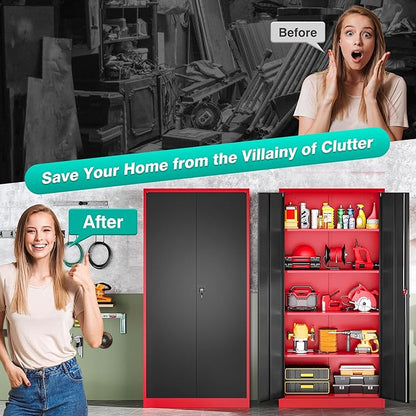 SISESOL Wide & Deep Metal Storage Cabinet with Lock & Adjustable Shelves,72" Red Black Garage Storage Cabinet with Locking Doors,Lockable Cabinets for Home,Office,Shop,Garage,Basement 72x36x18