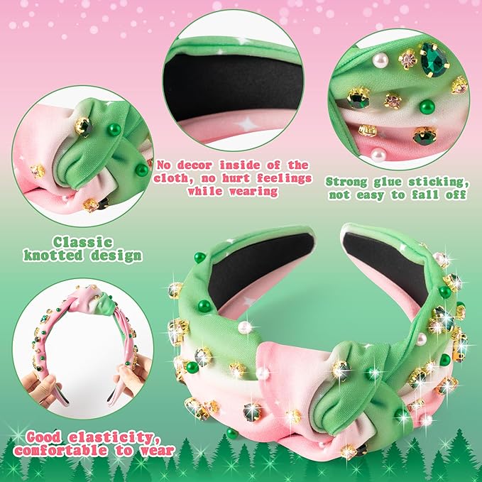 PANTIDE Witch Musical Jeweled Knotted Headband - Witch Musical Fans Gift Pearl Crystal Embellished Headband Wide Top Knot Fashion Pink Hairband Accessories Birthday for Women Girls (Green Rhinestone)