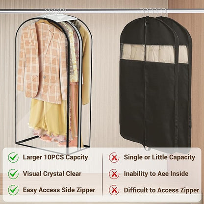 Garment Bags for Hanging Clothes 40” Long,Ultra Clear Suit Bags for Closet Storage, Moving Organization, Travel Covers with 10" Gussets for Coat, Dress, Shirt and Sweater - 3 PCS