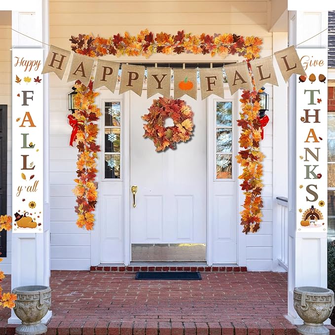 Fall Decor Set 5 Pack 5.9Ft Artificial Fall Maple Leaves Garland - 70pcs with Mini Pumpkins kit, Happy Fall Porch Banner Welcome Signs Autumn Decor for Thanksgiving Home & Fall Decorations