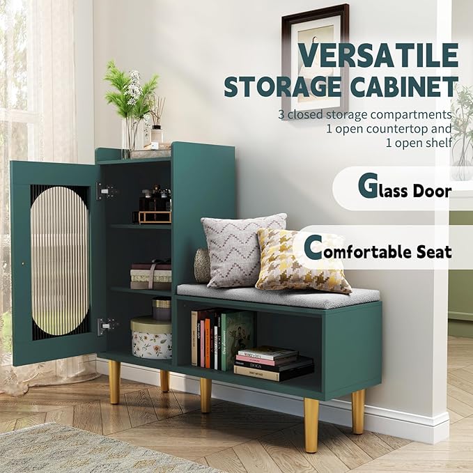HLR Storage Bench with Glass Door&Shelf, Modern Entryway Shoe Cabinet Bench with Padded Seat, Green L-Shaped Storage Cabinet for Hallway, Bedroom, Living Room, Office