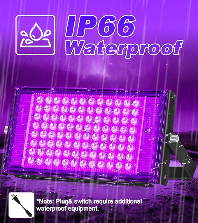 100W LED Black Light IP66 Waterproof, Outdoor Blacklight Flood Light with Plug+Switch+Cord, for Halloween Neon Glow in The Dark Party Body Paint Fluorescent Poster Classroom Club Dance Party, 2 Pack