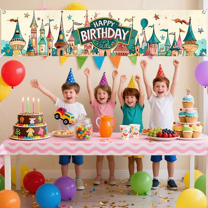 Nuxovilar Happy Birthday Banner Decorations 17.72x78.74 Inch Castle Theme - Polyester for Indoor Outdoor Birthday Party Decor