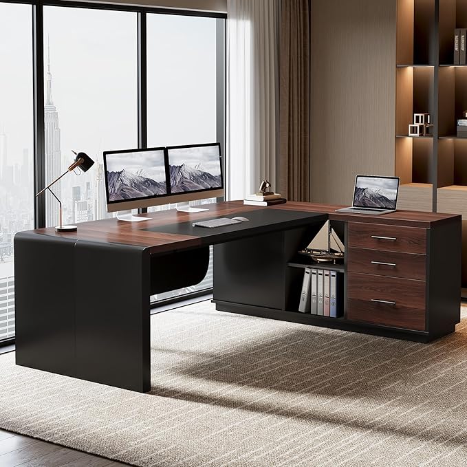 Tribesigns 80'' L-Shaped Desk Set of 4, Large Executive Office Desk with 55'' Drawers Cabinet, Modern Computer Table with Storage Shelves, Business Furniture for Office, Walnut & Black