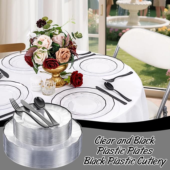 EI 150pcs Clear and Black Plastic Plates Dinnerware Disposable Party Set for 30Guests,Dinnerware Include 60 Clear Plates Disposable 90 Black Silverware,Perfect for Party,Christmas,New Year