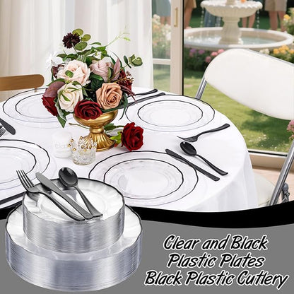 EI 150pcs Clear and Black Plastic Plates Dinnerware Disposable Party Set for 30Guests,Dinnerware Include 60 Clear Plates Disposable 90 Black Silverware,Perfect for Party,Christmas,New Year