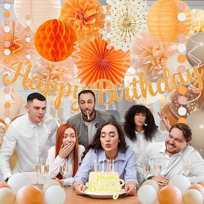 Orange-Peach Fall Boho Birthday Party Decorations - 62pcs Happy Birthday Banner, Beige Rustic Paper Lanterns, Streamers, Tissue Pom Poms, Burnt Orange Apricot Party Balloons, Fall Backdrop Decor