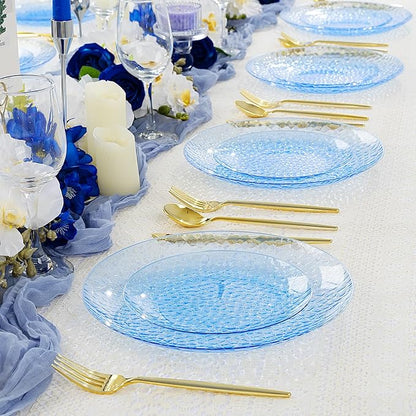 Rubtlamp 100 Pcs Blue Plastic Plates, Blue Heavy Duty plastic Plates, Clear-blue Fancy Disposable Plates, Hammered Plastic plates Include 50 Pcs Dessert Platos, 50 Pcs Dinner Platos for Party