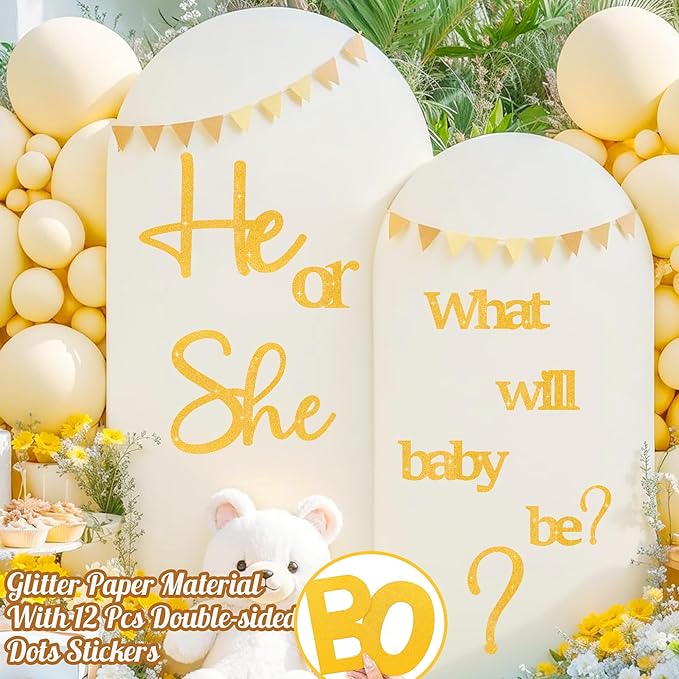 Golden Glitter Paper Gender Reveal Decals for Backdrop Large Oh Baby Shower Party Sign He or She What Will Baby Be Balloon Arch Decor Girl or Boy Letters Cutouts Sticker Pregnancy Party Banner Ideas