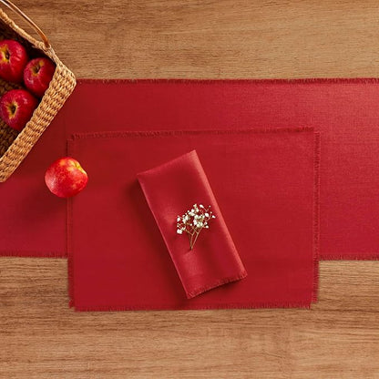 Solino Home Fringe Linen Placemats Set of 4-14 x 19 Inch Placemats Cherry Red - 100% Pure Linen Table Mats for Christmas, New Year