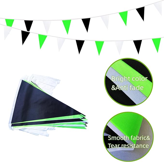 100 Feet 60 Pcs Green White and Black Pennant Banner Flag String Hanging Triangle DIY Flag, Bunting Streamer Decoration for Grand Opening, Birthday, Wedding Celebration (Green White & Black)
