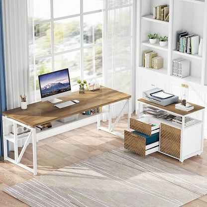 Tribesigns L Shaped Desk with Drawer,63" Executive Computer Desk and lateral File Cabinet, 2 Piece Home Office Furniture for Hanging File, Cabinet with Doors