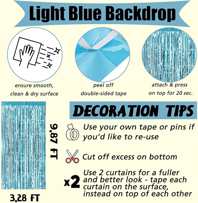 4 Pack Light Blue Fringe Curtain Backdrop, 3.2Ft x 8.2Ft Metallic Tinsel Foil Fringe Streamers Curtains Background for Photo Booth Birthday Wedding Baby Shower Party Thanksgiving Christmas Decorations