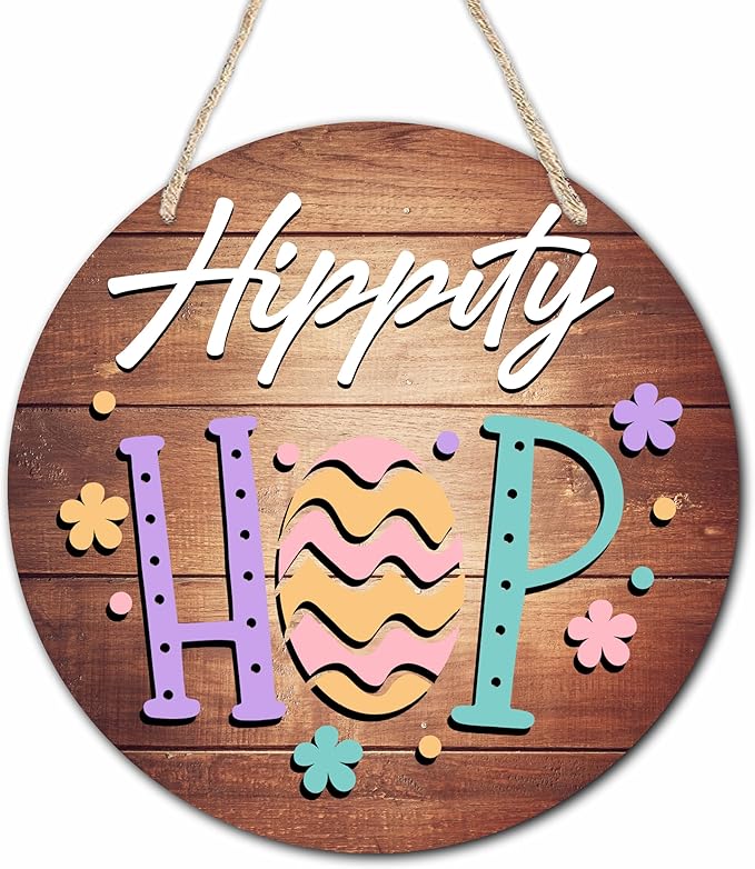 10" Easter Round Wooden Hanging Sign With Sisal Rope - Hippity Hop Wooden Plaque For Front Door, Porch, Outdoor Indoor, Farmhouse Wall Decor Party Favor & Decorations - B05