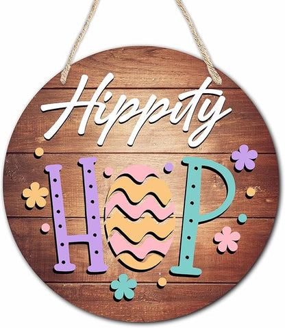 10" Easter Round Wooden Hanging Sign With Sisal Rope - Hippity Hop Wooden Plaque For Front Door, Porch, Outdoor Indoor, Farmhouse Wall Decor Party Favor & Decorations - B05