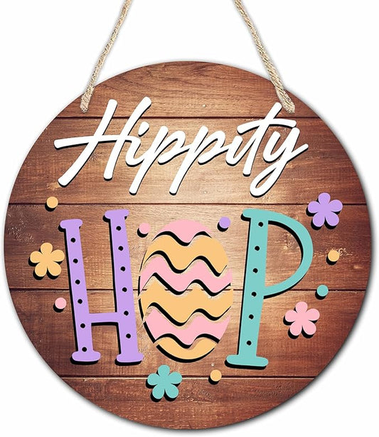 10" Easter Round Wooden Hanging Sign With Sisal Rope - Hippity Hop Wooden Plaque For Front Door, Porch, Outdoor Indoor, Farmhouse Wall Decor Party Favor & Decorations - B05