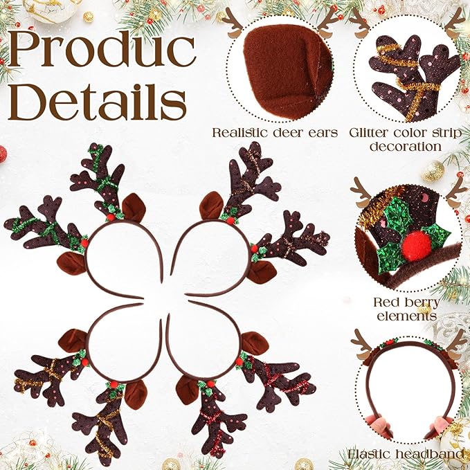 Zubebe 36 Pcs Christmas Reindeer Antlers Headband Deer Antlers Ears Hairbands with Glitter Sequins Christmas Photo Booth Props for Party Favors Cosplay Costume Supplies