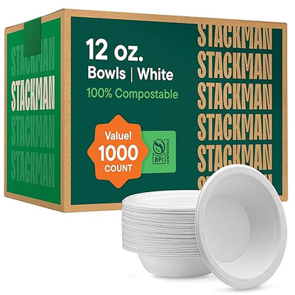 100% Compostable Paper Bowls 12 oz. [1000 Count] Heavy-Duty Soup Bowls - Natural White Color Unbleached Bagasse Bowls - Eco-Friendly Disposable Biodegradable Sugarcane - [Bulk Case 8 x 125 Pack]
