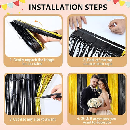 Black and Gold Tinsel Backdrop Foil Fringe Curtains - 2 Packs Door Streamers Backdrop for Birthday Door Decorations, Party Supplies for Bachelorette, Graduation, Christmas, Disco Decor