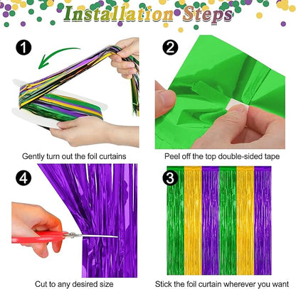 2 Pack Mardi Gras Tinsel Backdrop, 3.28 FT x 7.05 FT Metallic Fringe Curtain, Purple Gold Green Color Foil Backdrop Party Streamer, Mardi Gras Photo Booth Props Lobster Party Decorations