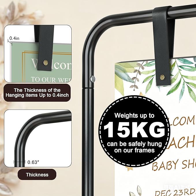 Jolitac Wedding Welcome Sign Holder, Adjustable Wedding Sign Stand Leather Hanging Straps & Design Bundle Heavy Duty Metal Easel Stand for Seating Charts, Bridal Showers, Birthday Party Displays