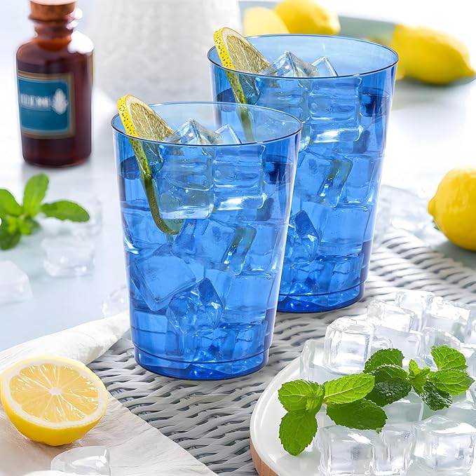DaYammi 100 Pack Clear Blue Plastic Cups 10 Oz, Blue Cups for Party Disposable Wine Glasses Heavy Duty Disposable Tumblers Drinking Cocktail Glasses for Wedding Hanukkah Christmas