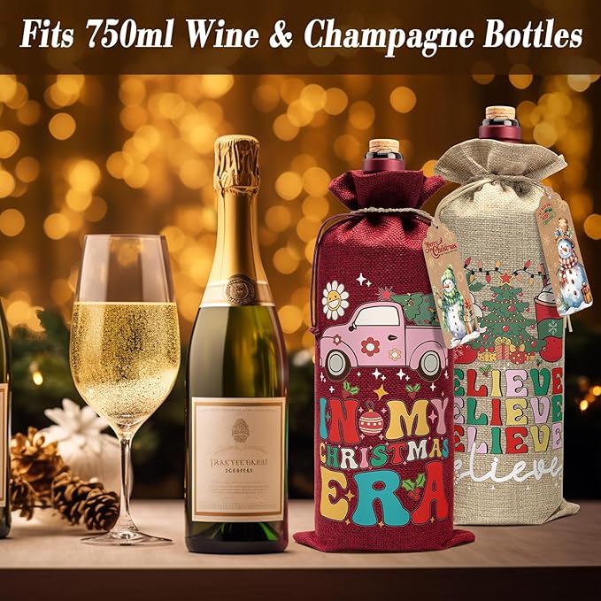 Aoonby 24PCS Burlap Wine Bags Christmas Wines Gift Bag, Drawstring Retro Christmas Bottle Cover Gift Bag w/Tag, Reusable Wines Bags for Bottles Gifts Wine Bottle Covers for Xmas Holiday Party Decor