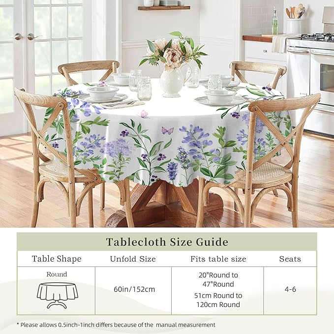 Eikione 60In Round Tablecloth, Floral Tablecloths Polyester Waterproof Stain Wrinkle Free, Indoor and Outdoor Table Cover for Kitchen Party Dining Table