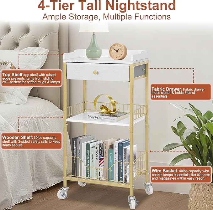 Small Tall Side Table with Storage Basket, High End Table with Drawer, 4-Tier Bathroom Storage Shelves with Optional Wheels, Nightstand for Dorm, Living Room, Bedroom, Gold & White