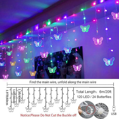 120 LED 20FT Butterfly Curtain Fairy Lights USB Pluged - 8 Modes Starry Twinkle Icicle String Lights with Remote Timer Waterproof for Kids Bedroom Christmas Wedding Party Dorm(Multicolor2)