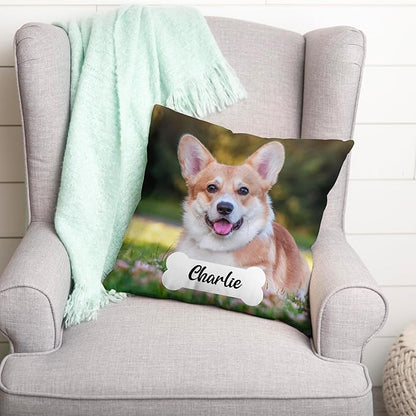 Custom Pet Photo Pillow Cover 16x16 Inch – Personalized Dog or Cat Pillow with Name in Bone Shape, Pet Picture Cushion, Custom Throw Pillowcase, Gift for Dog Lovers, Pet Owners, Animal Lovers