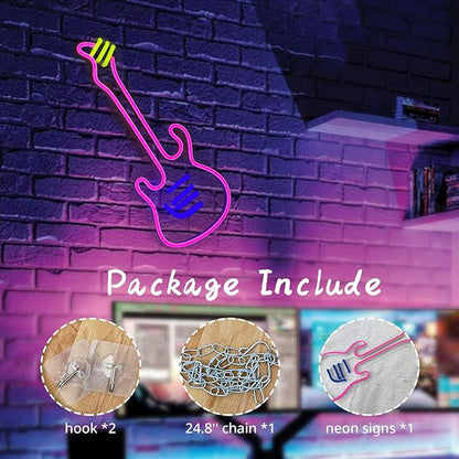 Guitar Neon Sign Light, On/Off-Switch Neon Sign for Wall Decor, LED Light Sign for Bedroom Decor, Girls Room, Christmas Gifts, Bar, Party, Wedding, Easily-Install with Hooks, Chain, Adaptor (14"x6")