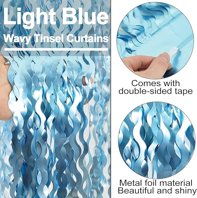 4 Pack Light Blue Fringe Curtain Backdrop 3.2Ft x 8.2Ft Metallic Tinsel Foil Fringe Streamers Background for Photo Booth Mother's Day, Easter, Carnival, Birthday, Wedding Party Decoration