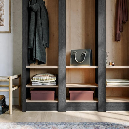 Prepac Ark 76" Tall Arched Entryway Coat Rack in Black Oak with Natural Oak Interior, Hall Tree with 2 Adjustable Shelves, Modern Furniture for Entryway and Living Room, 13.25" D x 18" W x 76" H
