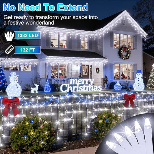 1332 LED 132FT Christmas Lights with 296 Drops, 12 Modes Dimmable Cool White Outdoor Hanging Lights with Timer Memory, Waterproof Curtain Lights for Home Bedroom Indoor Tree Window Roof Fence Wedding