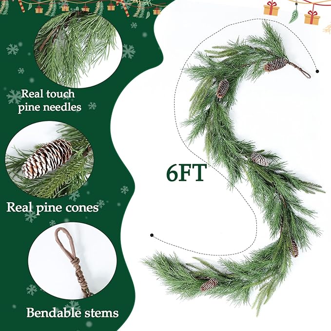 MIZII Christmas Garlands 6 Feet Artificial Pine Garland with Pinecone Real Touch Pines Vine Greenery Garland Christmas Decorations for Xmas Fireplace Mantle Home Decor Indoor Outdoor (Pine Garland)