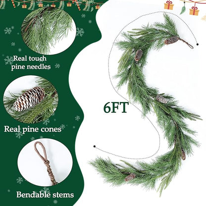 MIZII Christmas Garlands 6 Feet Artificial Pine Garland with Pinecone Real Touch Pines Vine Greenery Garland Christmas Decorations for Xmas Fireplace Mantle Home Decor Indoor Outdoor (Pine Garland)