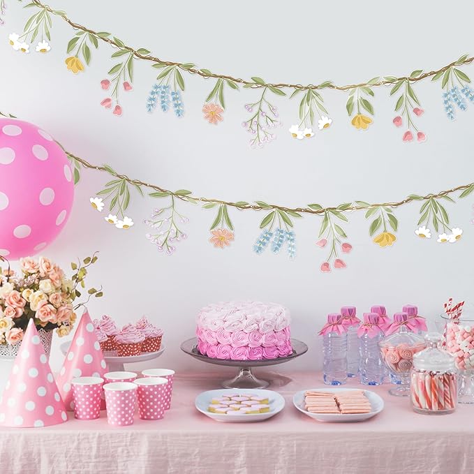 Cheerland Flower Banner Wildflower Garland Floral for Enchanted Garden Theme Picnic Wedding Bloom Baby Shower Birthday Fairy Tale Tea Market Spring Party Supplies Girl Woodland Party Decorations