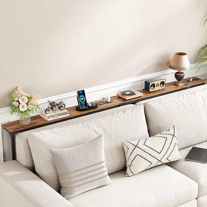 Kitstorack 2-Pack Narrow Console Table with Adjustable Height (25"-33") & 2 Power Outlets, Skinny Behind Couch Table, 78.8" Long x 5.9" Wide Sofa Side Table for Living Room, Rustic Brown | 2-Pack, Behind Sofa Couch