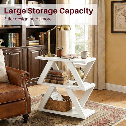 3 Tier Side Table with Side Guard Rails & Anti-Slip Pads, Narrow End Table for Small Spaces, Slim Nightstand with Storage Shelves for Bedroom, Living Room, White