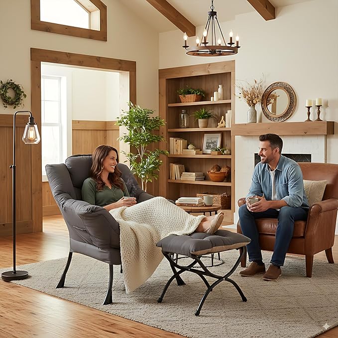 LITA Lazy Chair with Ottoman, Modern Accent Leisure Upholstered Lazy Sofa Armchair, Contemporary Lounge Reading Chair with Armrests and a Side Pocket for Living Room, Bedroom & Small Space, Dark Grey