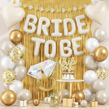 Cream Gold Bachelorette Party Decorations, Bride To Be Mylar Foil Letter Balloons with White Gold Balloons Diamond Ring and Cream Heart Balloon for Bridal Shower Decoration Engagement Hen Party Decor